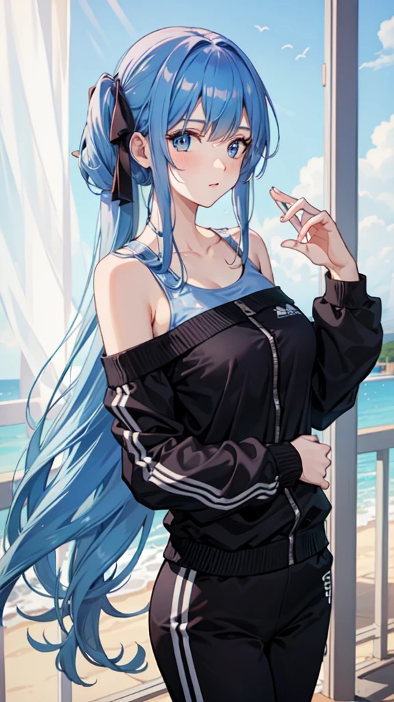 Off-the-shoulder attire,looks into camera,The upper part of the body,blue color hair,cleavage,track suit,sport