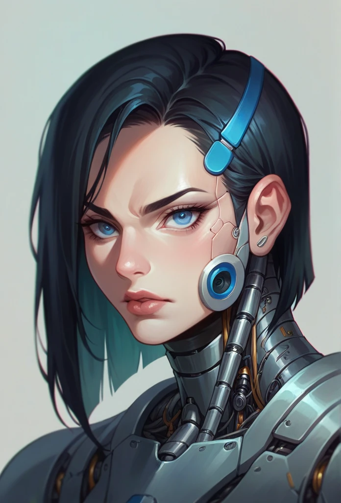 Cyborg with robotic parts in his face, human apariencia and a lot of metal in his neck, with a neutral and dark expresion, black hair, blue eyes, delicade facciones and with out lips just robotic teeths
