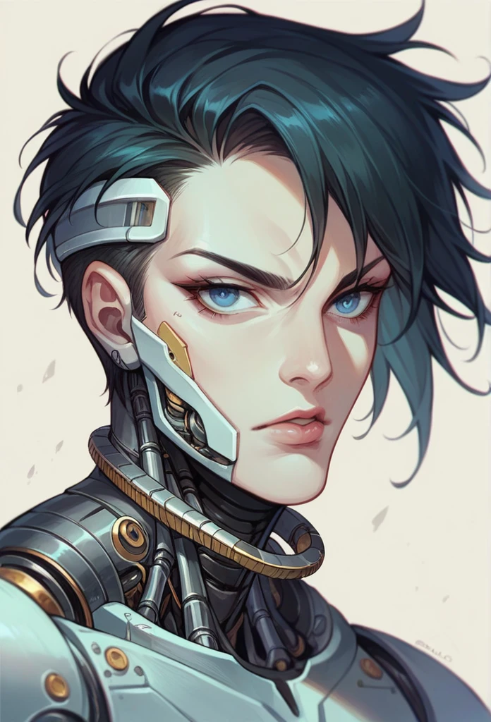 Cyborg with robotic parts in his face, human apariencia and a lot of metal in his neck, with a neutral and dark expresion, black hair, blue eyes, delicade facciones and with out lips just robotic teeths