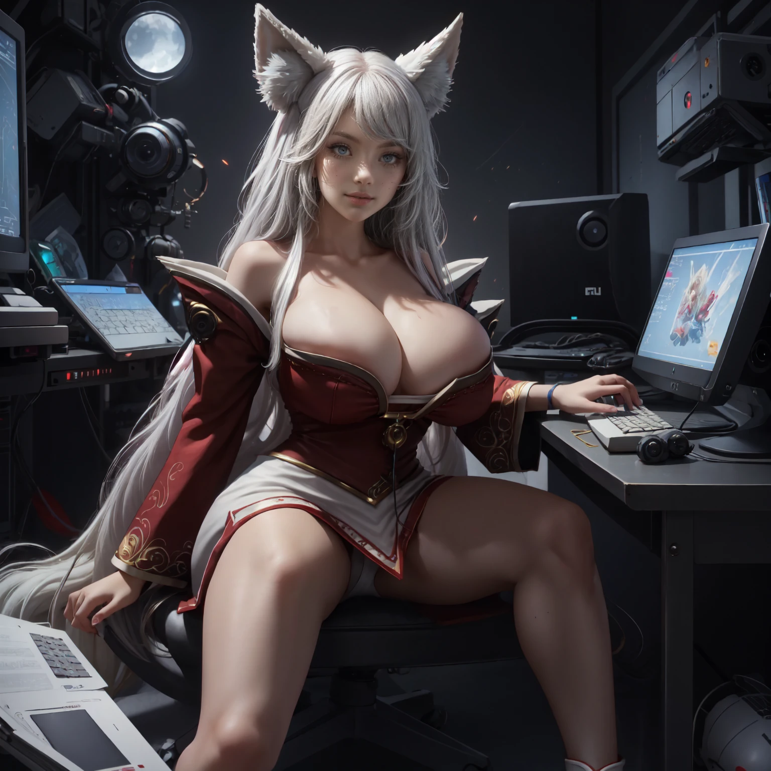 {extremely delicate and beautiful girl}, 8K Wallpaper, {{{masutepiece}}},Red Eyes,White hair,Long hair,(Bursting breasts:1.1)(Fox Girl:1.4) ,computer,gamer,girl,playing,siting,playing,