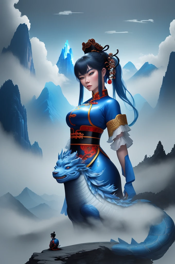 Chinese style, masterpiece, best quality, super detailed, , high contrast, a blue Chinese dragon looks down on the girl, the girl looks at the dragon, fairy mountains, clouds and mist, Chinese style