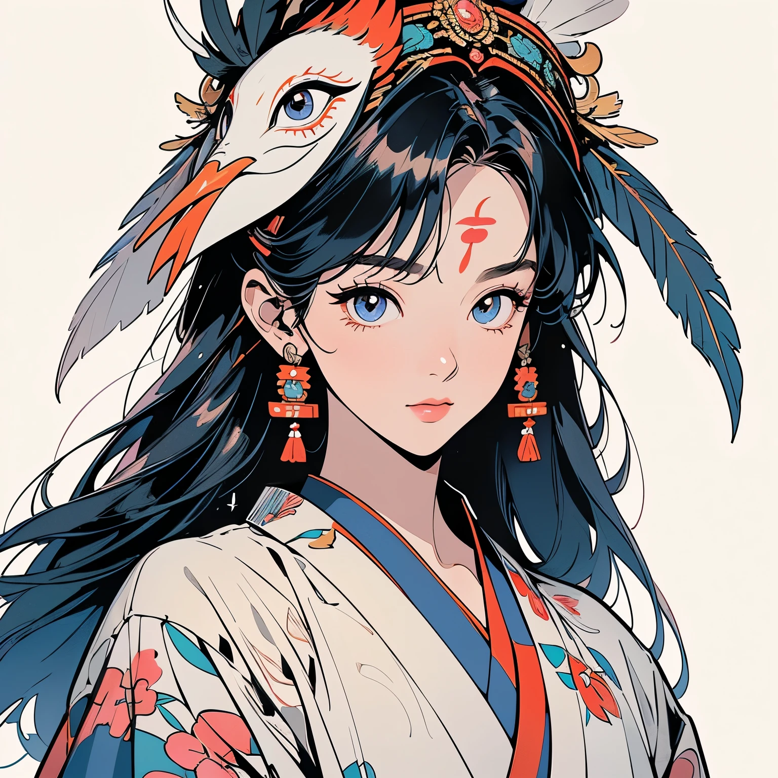 kimono, 完璧なkimono, 詳細なkimono, first-class, Super detailed, White background only, (((Super detailedな装飾))),One Woman, Perfect Face, Faint lighting, (((head shot))), Super detailedな髪、(((Sparkling Eyes))),mysterious, Golden Belt, The wind is blowing, Apparition, Japanese style, Panorama, Long Shot, (((Narrow-eyed beauty))),(((Indian-style feather headdress on head))),Upper Body,(((Complex eye pattern)))、(((He wears an intricate bird-head mask on his head.)))、A beautiful woman、Detailed face、Best quality face、Large feather ornament