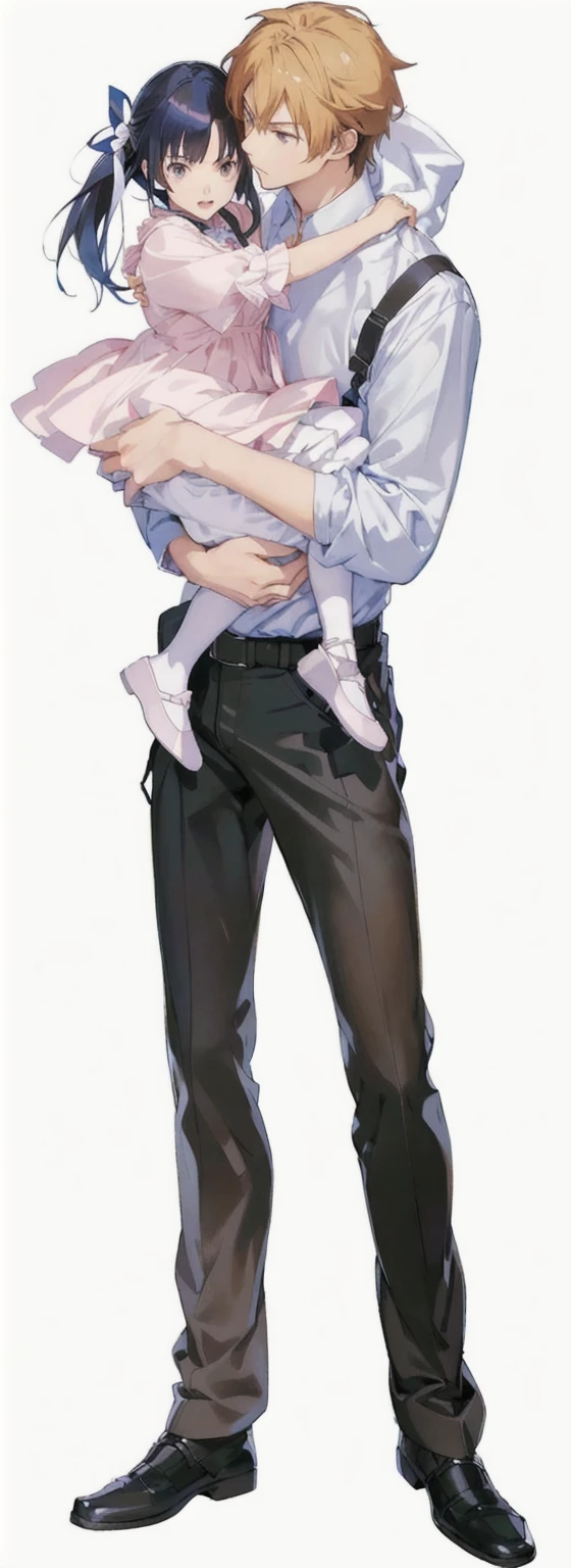 Anime style image,A man holding a young girl in his arms, Full body illustration, Shinkai Makoto and (cain kuga), Full body portrait, Full body portrait, Full body portrait, Produced in collaboration with Anime Painter Studio, Shinkai Makoto. Digital Rendering, anime Full body illustration, sakimichan and frank franzzeta