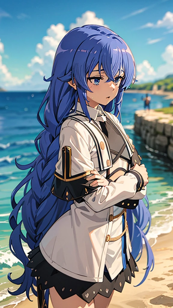 Masterpiece, top quality, best quality, official art, beautiful and aesthetic, anime, 1girl,extremely detailed, colorful, more detailed ((ultra-detailed)), (highly detailed CG illustration),(small breast:1.2),twin braids, long hair, blue hair, blue eyes,bikini,wet bikini, small breasts, in beach, sand, sea, clear blue sky, in middle,sitting on sand.