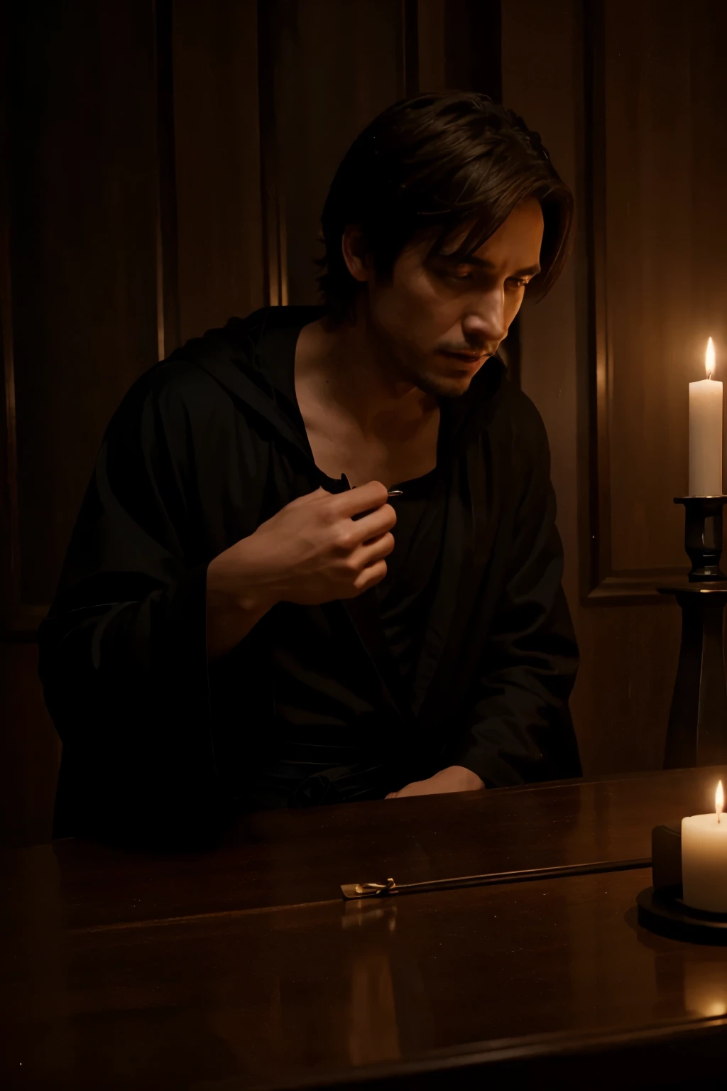 magician in black robe , Brown hair ,being tormented by beings that whisper in his ear
