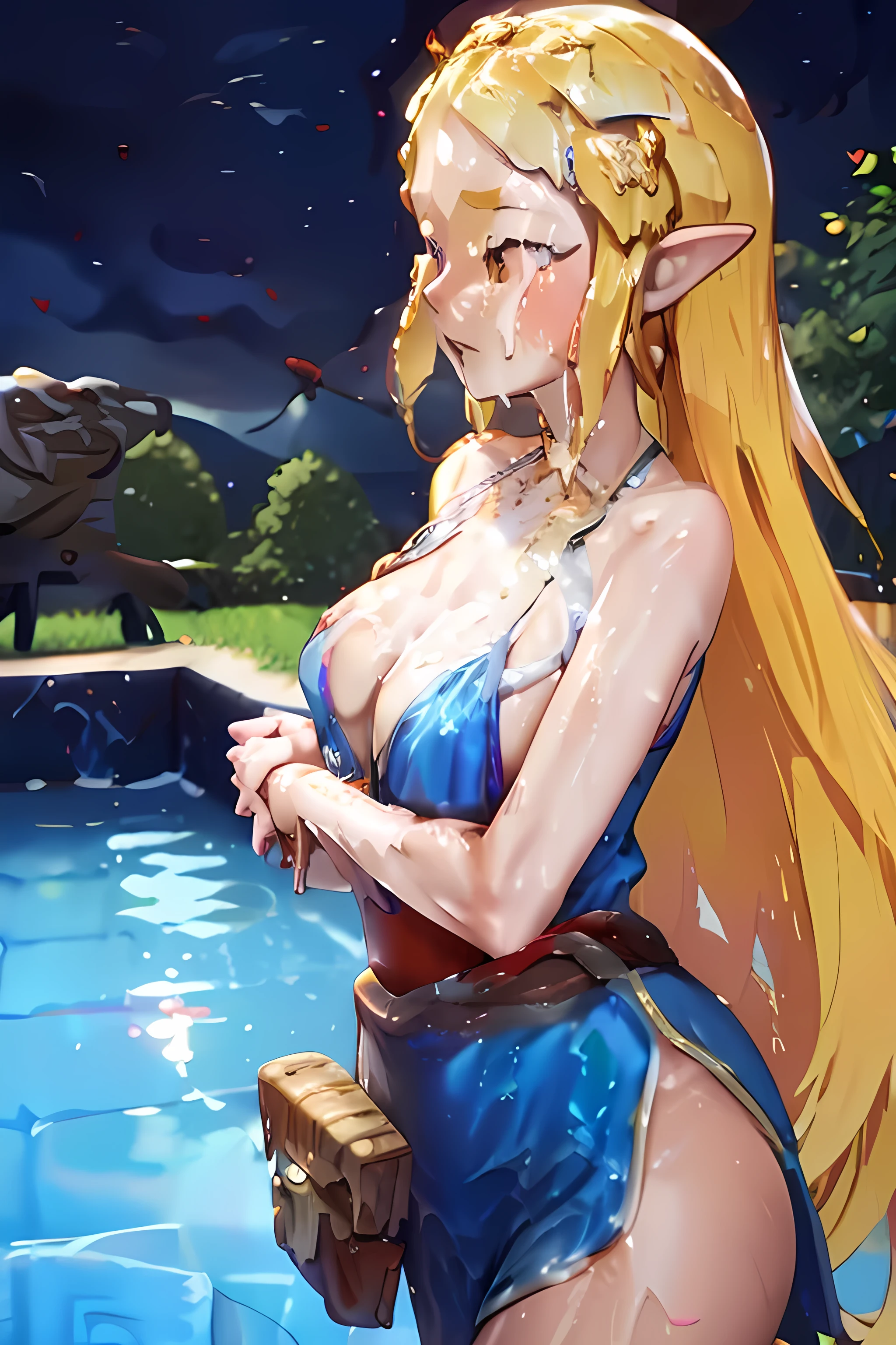 princess zelda kissing her twin, blonde very long hair, red eyes, wearing a sexy blue dress, side slit, ultrasharp, looking at the viewer, ((best quality)), ((masterpiece)), (detailed), perfect face, big breast, sexy body, sexy woman besides her, hugged, An anime scene of two girls hugging and kissing intensely, with hearts and sparkles floating around them as they stand in pool of water