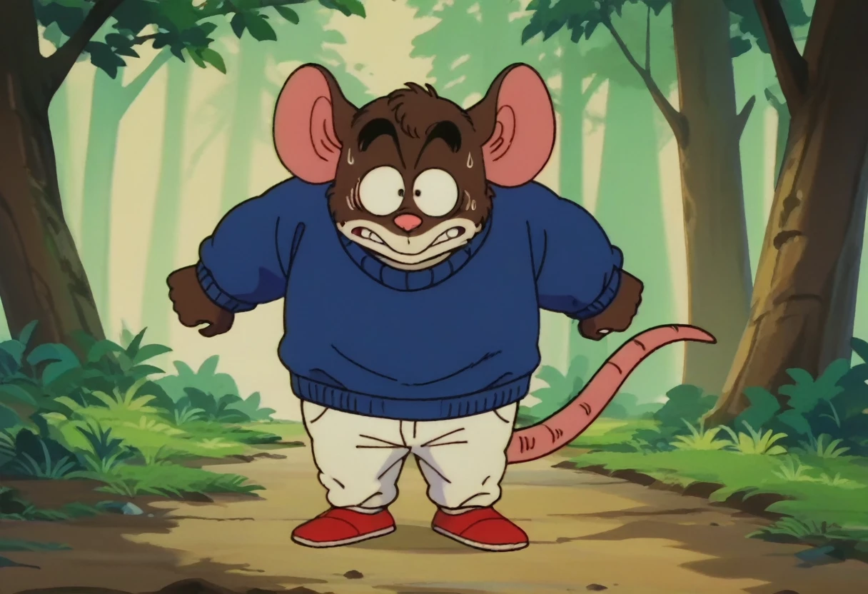 anime screencap,drgbls1, solo, anthro rat, ,male, sweater, score_9, score_8_up, score_7_up, score_6_up,forest,sneaky demeanor
