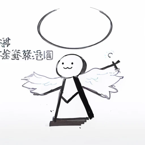there is a drawing of a stick man with a halo above his head, Chiba Yudai, Wang Chen, inspired by Chen Daofu, Ghost Festival, stick figure, hand - drawn animation, possibly an angel, character is flying, simple cartoon, hand drawn animation, one angel，A black tie，Has 3 pairs of wings