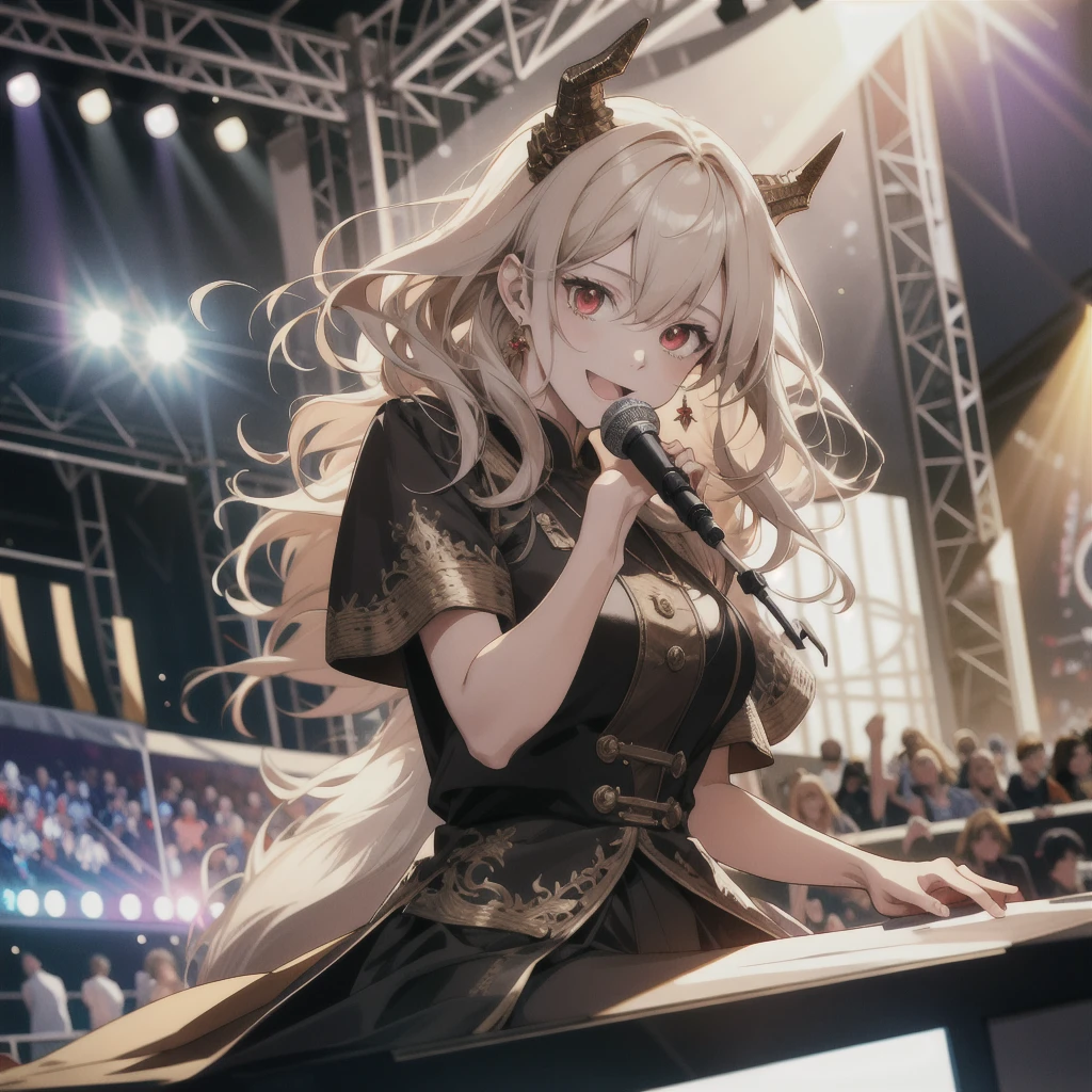masterpiece, best quality, absurdres, perfect ???????, 4K, 8K, anime key visual, official art, (anime:1.2), (illustration:0.9), (beautiful detailed eyes), (nice hands, perfect ???????, perfect hands, perfect fingers), (2020s anime \(style\):0.9),

1man, solo,
natural lighting, cinematic lighting, intricate shadow, hdr, volumetic lighting, highly detailed background, (indoors, stadium:1.2),

(smile, open mouth:0.9), looking at viewer, (dynamic angle, dutch angle:1.2), (depth of field:1.5), zettai ryouiki, (close-up:1.1),
(from front:1.2)

(medium breast:1.2), BREAK

(idol_costume, idol), (stage:1.3), (stage lighting, stage spotlight, lens flare:1.1), (light particles:0.3)
(sitting on the stereo:1.2)
(holding microphone:1.2)

medium wavy hair, wolf hair, red eyes, dragon horns, earrings, dragon tail
