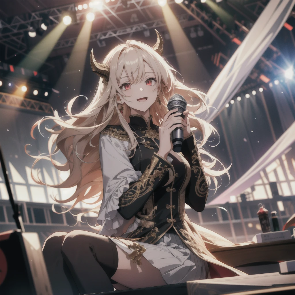 masterpiece, best quality, absurdres, perfect anatomy, 4K, 8K, anime key visual, official art, (anime:1.2), (illustration:0.9), (beautiful detailed eyes), (nice hands, perfect anatomy, perfect hands, perfect fingers), (2020s anime \(style\):0.9),
1man, solo,
natural lighting, cinematic lighting, intricate shadow, hdr, volumetic lighting, highly detailed background, (indoors, stadium:1.2),
(smile, open mouth:0.9), looking at viewer, (dynamic angle, dutch angle:1.2), (depth of field:1.5), zettai ryouiki, (close-up:1.1),
(from front:1.2)
(medium breast:1.2), BREAK
(idol_costume, idol), (stage:1.3), (stage lighting, stage spotlight, lens flare:1.1), (light particles:0.3)
(sitting on the stereo:1.2)
(holding microphone:1.2)
medium wavy hair, wolf hair, red eyes, dragon horns, earrings, dragon tail