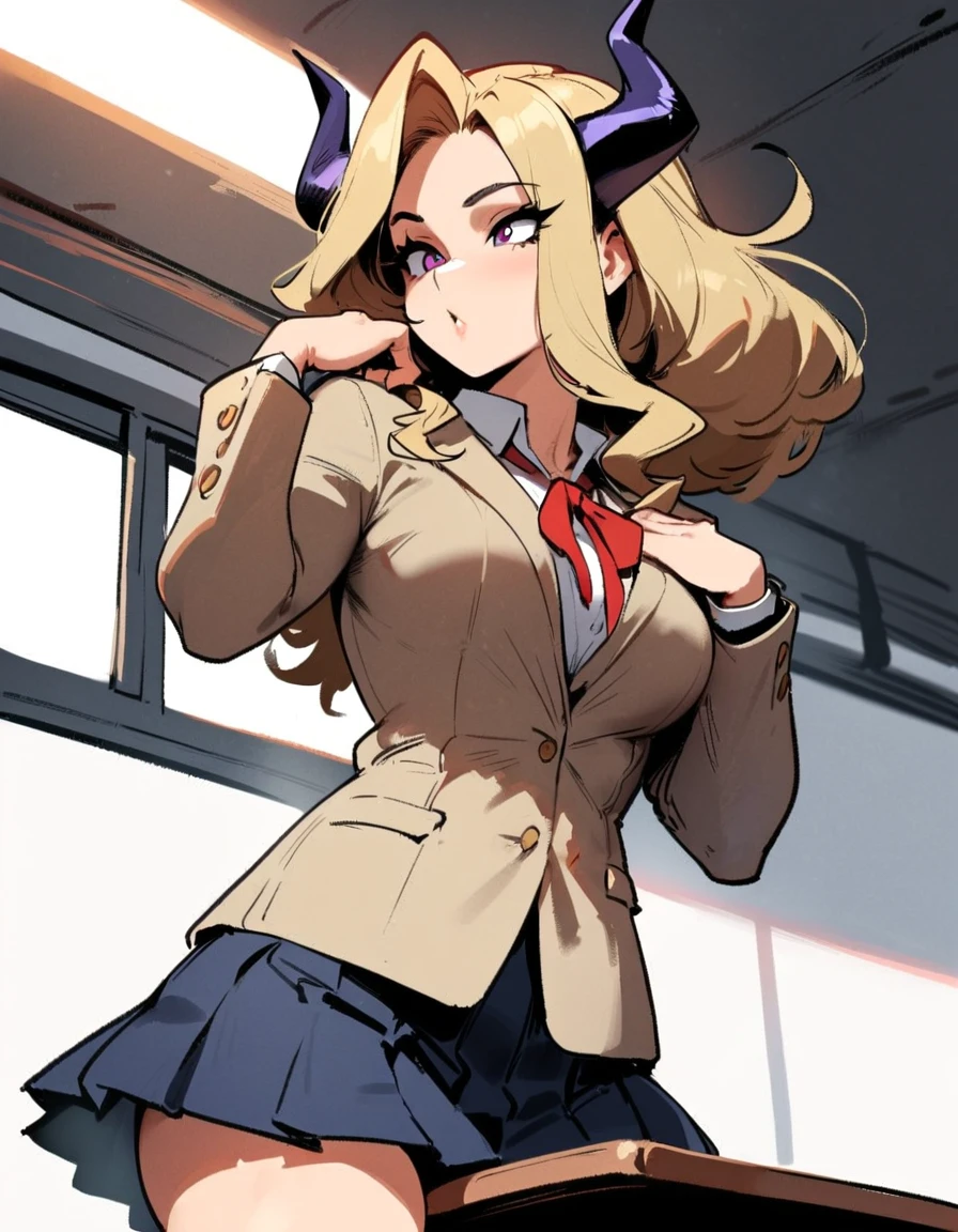1girl, mount lady, boku no hero academia \\\\\ masterpiece, best quality, very aesthetic, absurdres, newest \\\\\\ sportive body, \\\\\\ by dodok, nyantcha, cutesexyrobutts, by khyle ///// blonde, purple eyes, (school uniform:1.2), skirt, , 24 years old, white background,tie,sit on desk, below view,
