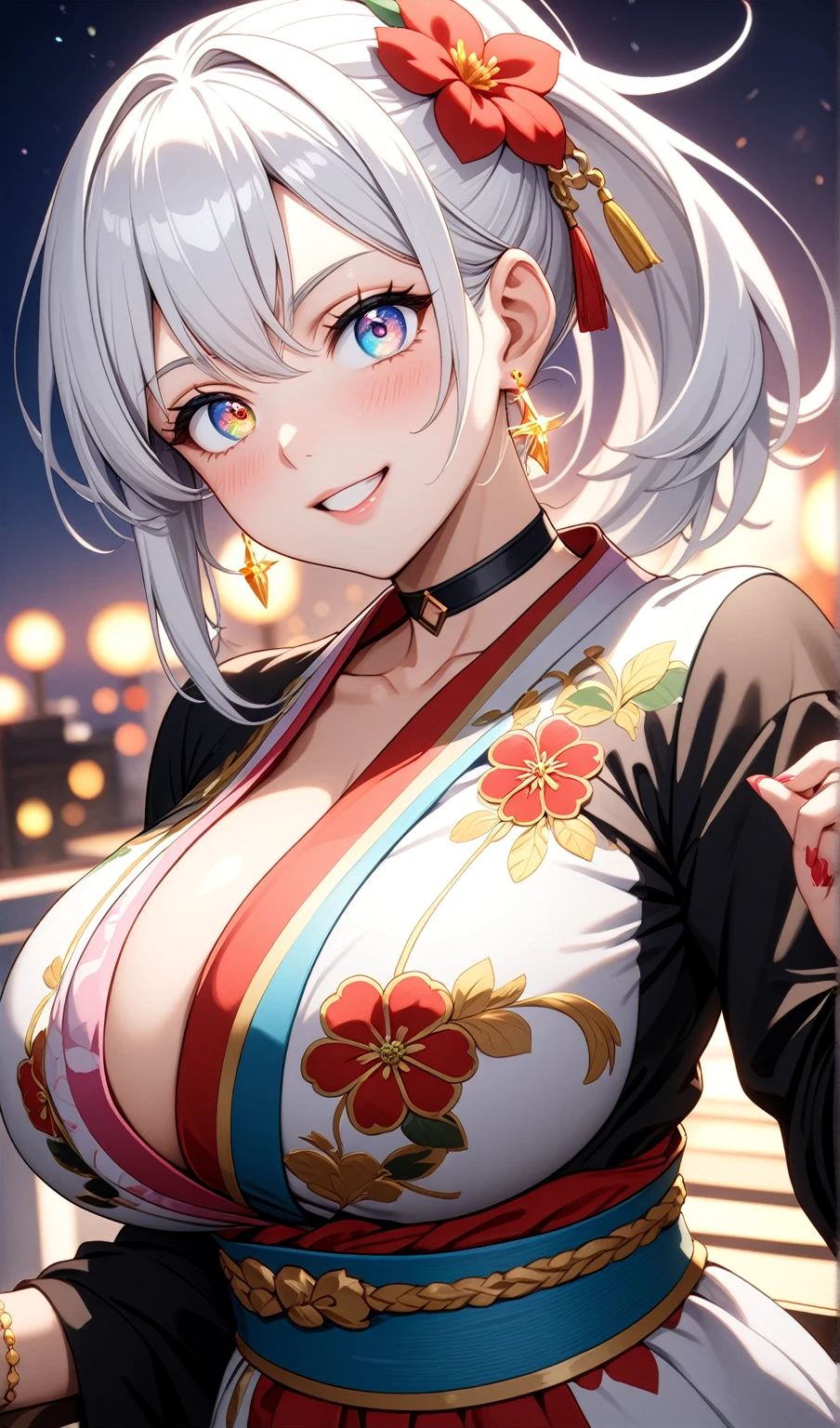 ((One personの女性)), Beautiful Face,Laughing embarrassedly,((Wink:1.7)), ((Put one foot on the chair:1.3)), Laugh with your mouth wide open,((Bright red cheeks:1.4)),Shiny red lips,night,rooftop,You can see the ocean, firework,Laughing with your mouth open,Facial Lighting,((Anime style background)),masterpiece, Highest quality, so beautiful,Latest, Complex details, (Pink long nails), (ring),(bracelet),(choker),AI-generated, Complex,High resolution, Highest quality, super high quality,3D Images、3D Images,One person,Long white hair,High Ponytail,(blue eyes),Anime woman posing for a photo, ((fine grain、Silver-white colorful eyes、Shining Eyes:1.4)),(Squint your eyes:1.1),a hyperRealistic , hyperRealistic , Realistic,Long white hairのアニメ女性, Smooth anime CG art, A woman in a colorful kimono with gold embroidery, (Black long sleeve kimono),Red floral pattern,Long flower hair ornament,Floral Earrings,Mature Body,(Big Breasts:1.1),Tall,Abdominal muscles,Tight waist,(Zoom up to face:1.5),Photographed from the front, (from side),