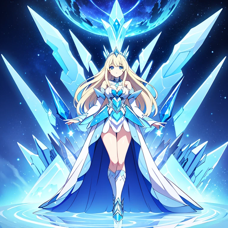 : Glacial Sentinel is a majestic and enigmatic Pokémon that embodies the celestial forces of ice and steel. Standing tall with an imposing presence, it has a humanoid form adorned with armor-like plates of icy blue and shimmering silver. Its crystalline skin reflects the light like facets of a diamond, giving it an otherworldly and ethereal appearance. Glacial Sentinel's eyes glow with a serene icy blue hue, mirroring the tranquil beauty of the Arctic skies. Full body, beautiful eyes , 1 girl , princess , ball gown , full body , cute girl , anime style , platinum-blonde hair , green eyes , cute eyes