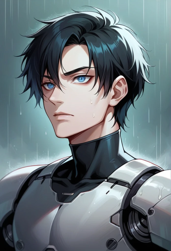 Cyborg with robotic parts in his face, human apariencia and a lot of metal in his neck, with a neutral and dark expresion, black hair, blue eyes, delicade facciones and with out lips just robotic teeths, boy and more dark aura like in a raining day
