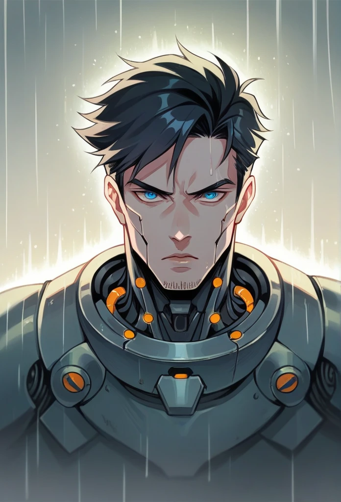 Cyborg with robotic parts in his face, human apariencia and a lot of metal in his neck, with a neutral and dark expresion, black hair, blue eyes, delicade facciones and with out lips just robotic teeths, boy and more dark aura like in a raining day