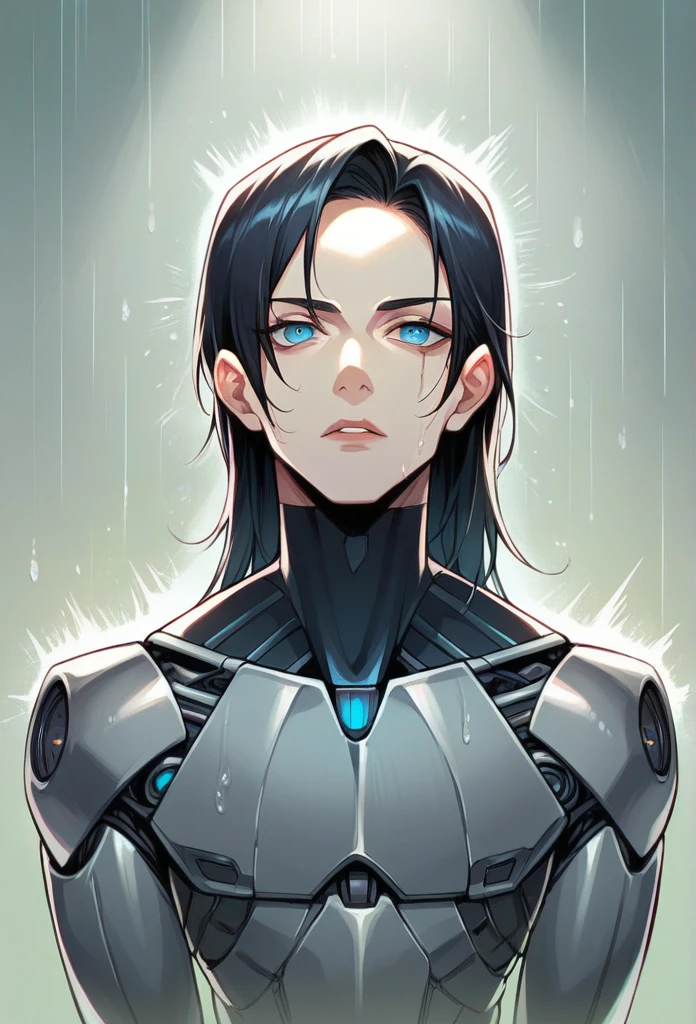 Cyborg with robotic parts in his face, human apariencia and a lot of metal in his neck, with a neutral and dark expresion, black hair, blue eyes, delicade facciones and with out lips just robotic teeths,  boy and more dark aura like in a raining day