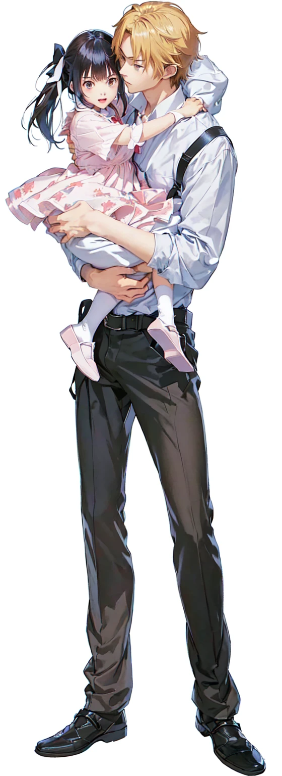 Anime style image，A man holding a young girl in his arms, Full body illustration, Shinkai Makoto and (cain kuga), Full body portrait, Full body portrait, Full body portrait, Produced in collaboration with Anime Painter Studio, Shinkai Makoto. Digital Rendering, anime Full body illustration, sakimichan and frank franzzeta