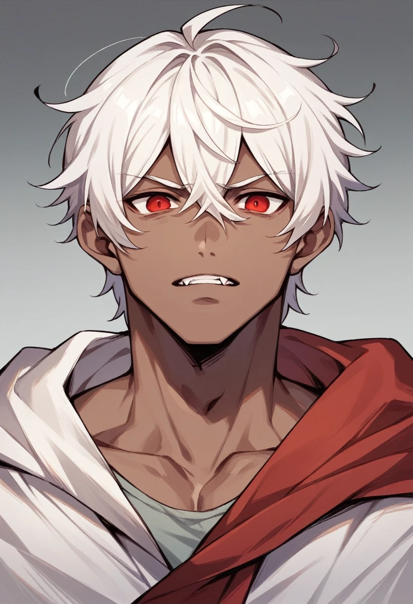 make me an Anime art of a Vampire Man with Brown Skin, White hair and deep red eyes, he is tall and extremely handsome.. make him look more youthful and have a thinner face but a strong body, He&#39;s Totally Naked and Horny