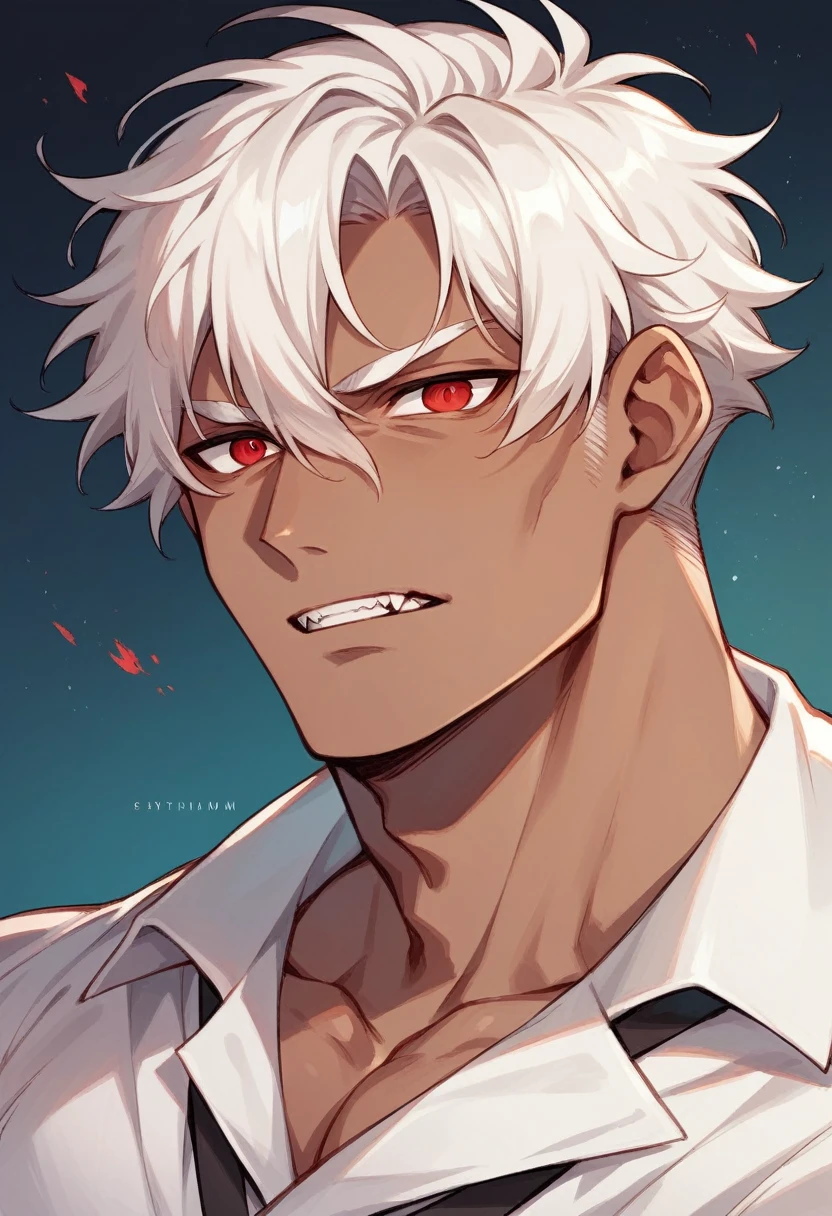 make me an Anime art of a Vampire Man with Brown Skin, White hair and deep red eyes, he is tall and extremely handsome.. make him look more youthful and have a thinner face but a strong body, He&#39;s Totally Naked and Horny