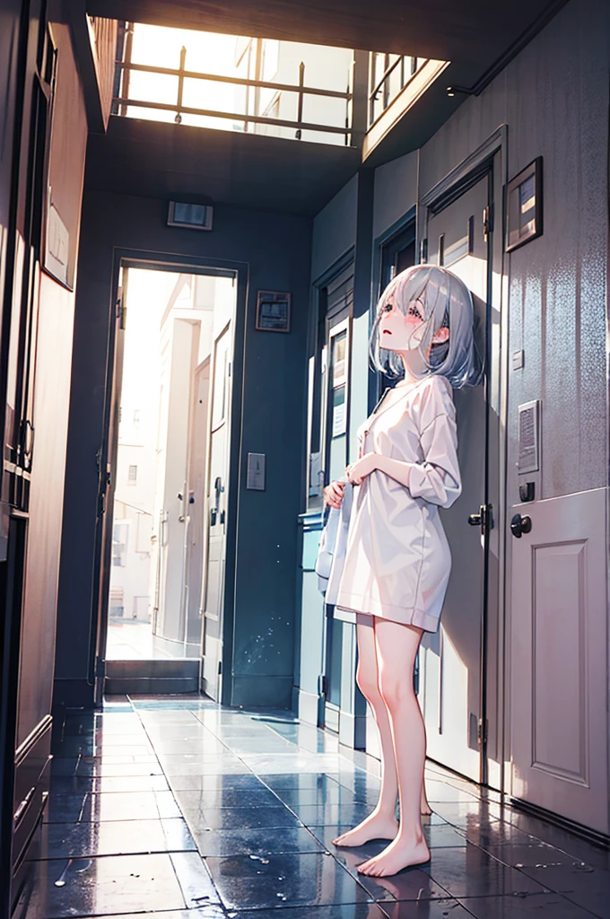 high quality、A silver-haired girl in the hallway、Completely naked、Crying after being covered in sperm