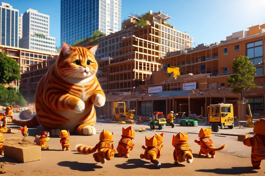 Builder cats who finished the construction and built a large building 