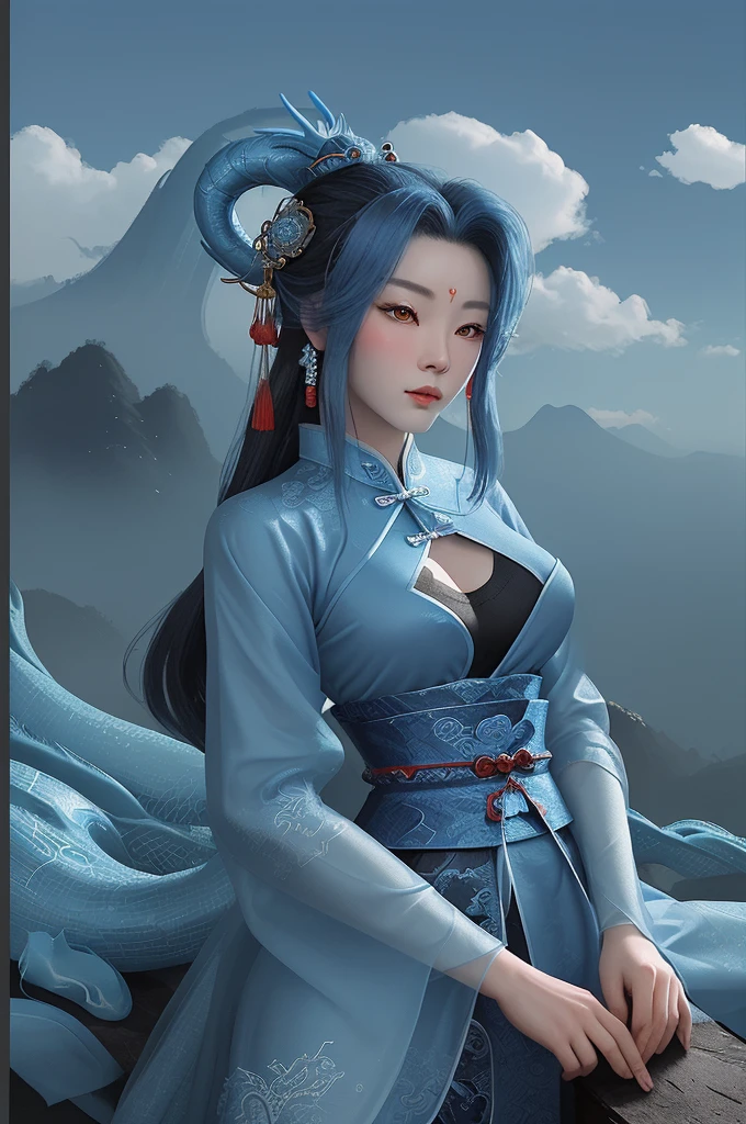 Chinese style, masterpiece, best quality, super detailed, , high contrast, a blue Chinese dragon looks down on the girl, the girl looks at the dragon, fairy mountains, clouds and mist, Chinese style