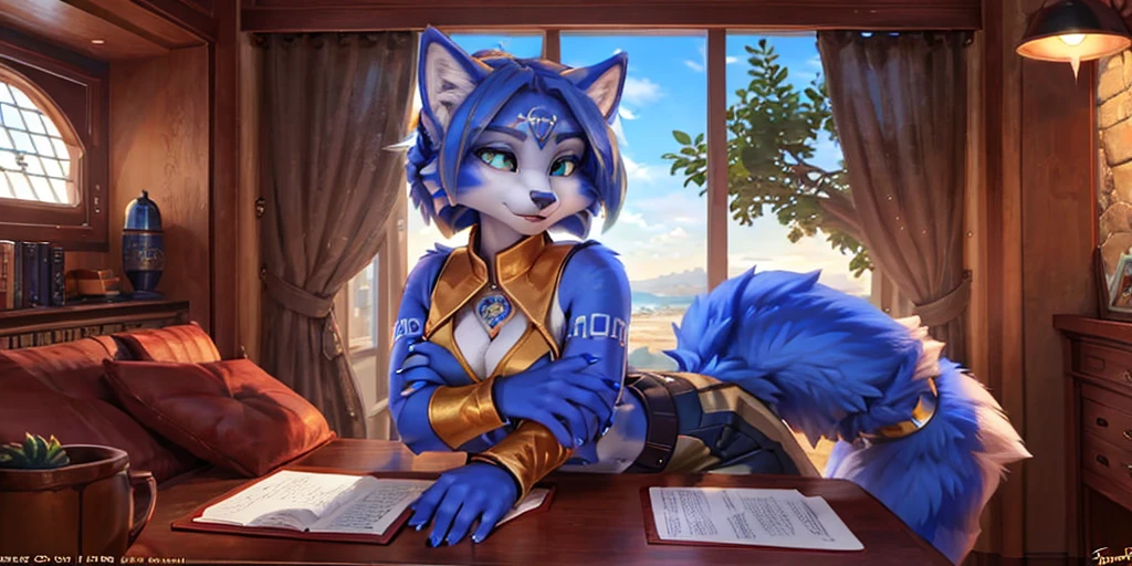 A beautiful and detailed (full body portrait) wa ((Krystal)), Star Fox Krystal, sslim, lovable, green eyes, medium breasts, (((Long blue hair 1.3))), Decollete, anthro, furry, Uploaded E621, detailed fluffy fur, (wa Fluff-Kevlar, Bayard Wu, Personalami, Pino Daeni), detailed face, (fluffy), 1 girl, alone, sweet girl,