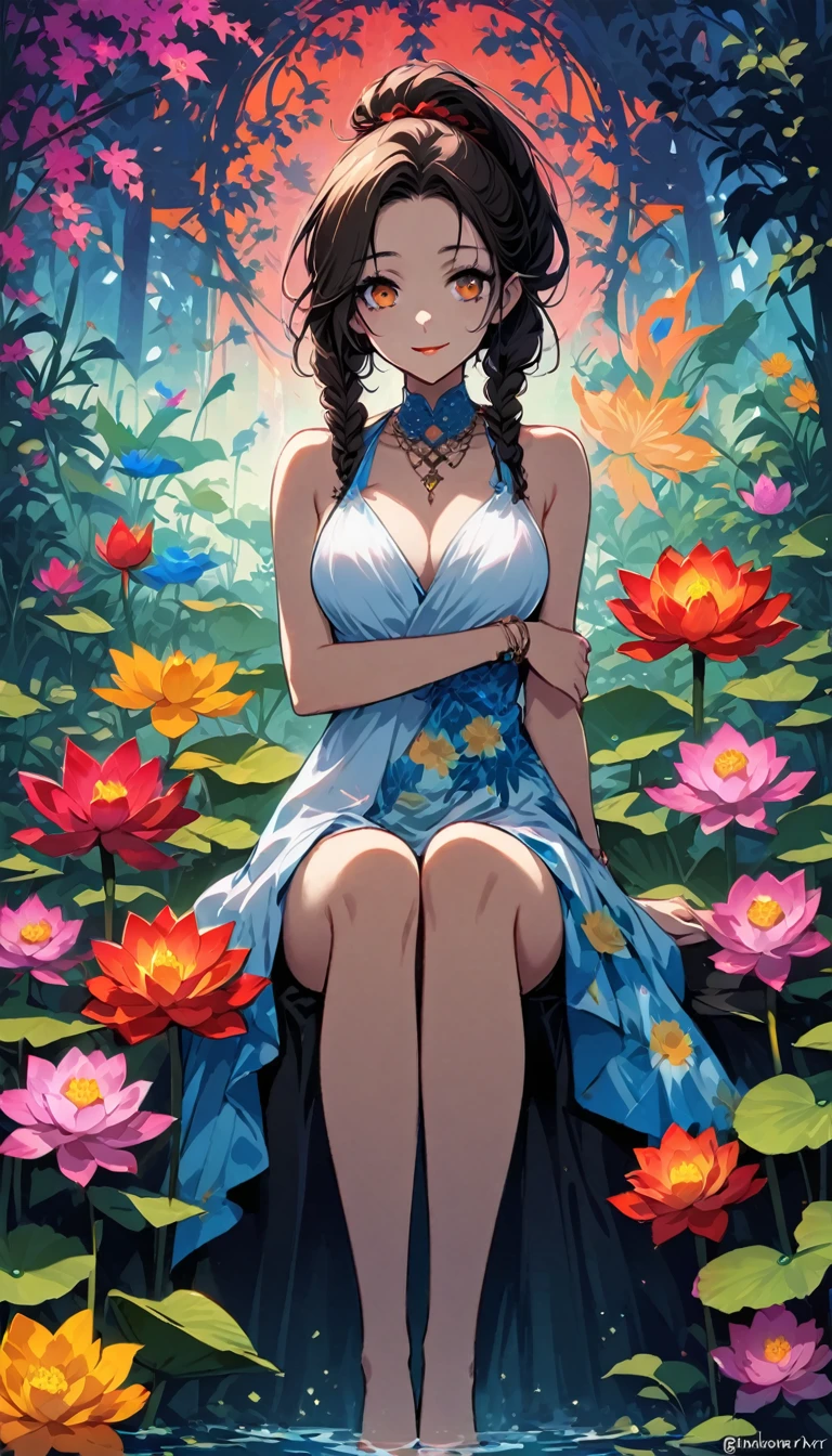 ((((Art nitpick, gorgeous Complexity, ultra HD resolution)))), 1girl, calm, sitting, (long woodland brown hair), >, shoulder length curly hair styled in bun, fair helpful complexion complejos, large spectacled eyes, bright metallic shine within, ((loveably accomplice, symmetrical, pure lines)), medium nature-filled environment-常心 cage-, forward facing, ((fullRunBackground, summer edition, vibrant flora, female deity sitting atop Lotus scene)))from calm elbow cradle-, BOOBS Колесó size, admiring scenery bravamente, with panel manipulation: layers create uniquely delicately brow되은 hair braids, Meticulously crafted traditional Edo era wakizashi grasped in left hand to protect bloomed era in ecosystem, easy-going, ((BigflowerArt)), ((can make sense of function of any type of being, gentle), charming to inhabitants)