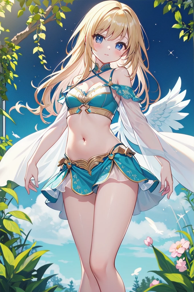 (masterpiece)、(Highest quality)、(Super Detail)、(Best Anatomy)、Light Hair,Angel of Color , See-through dress, Small breasts, Cleavage, Off the shoulder, Underbust, Thighs, Belly button,、Floating above a forest spring