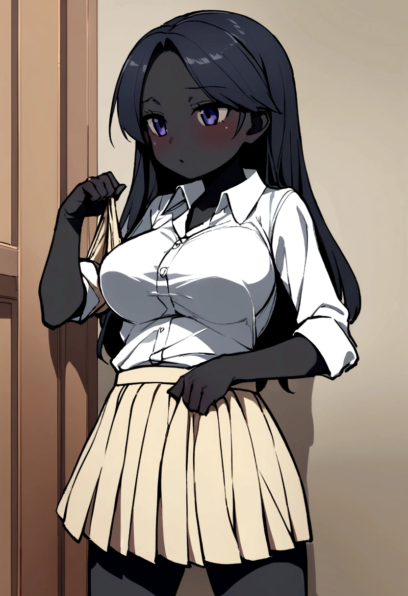 Give me a girl named Elina, about , black skin, big breasts, wearing a shirt and skirt to school. She used her hand to hold the skirt, rolled it up, then grabbed the skirt and tightened it around her genitals, causing her underwear to be exposed.