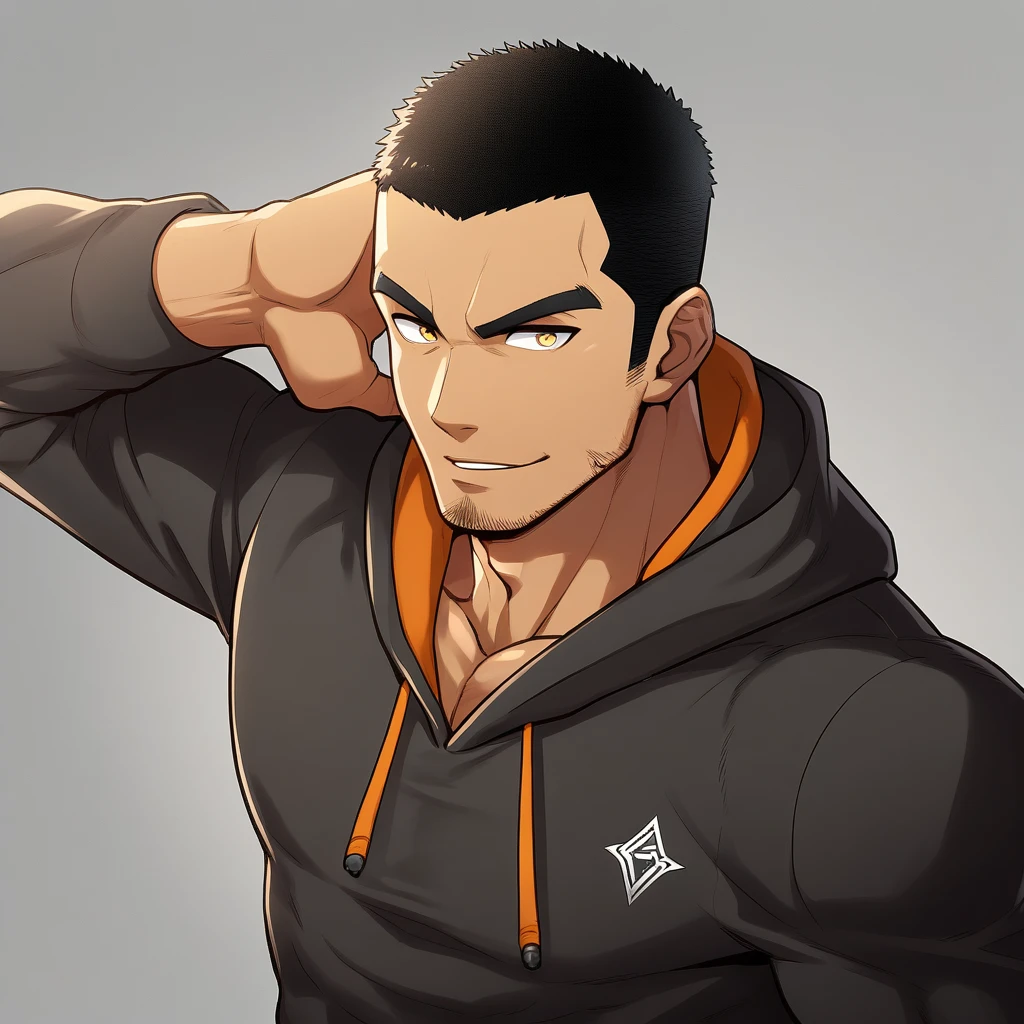 anime characters：Gyee, Young Muscle Sports Teacher, negro black skin, Buzz Cut, Manliness, male focus, Dark red long-sleeved hooded sweatshirt, Very tight, muscular male, muscular, only, Upper body, alone, Black short hair, Thick eyebrows, stubble, Yellow eyes, Grey background, simple background, amazing quality, best aesthetics, Ridiculous, bright pupils, crew cut, parted lips, seductive smile, torogao, naughty face, best quality