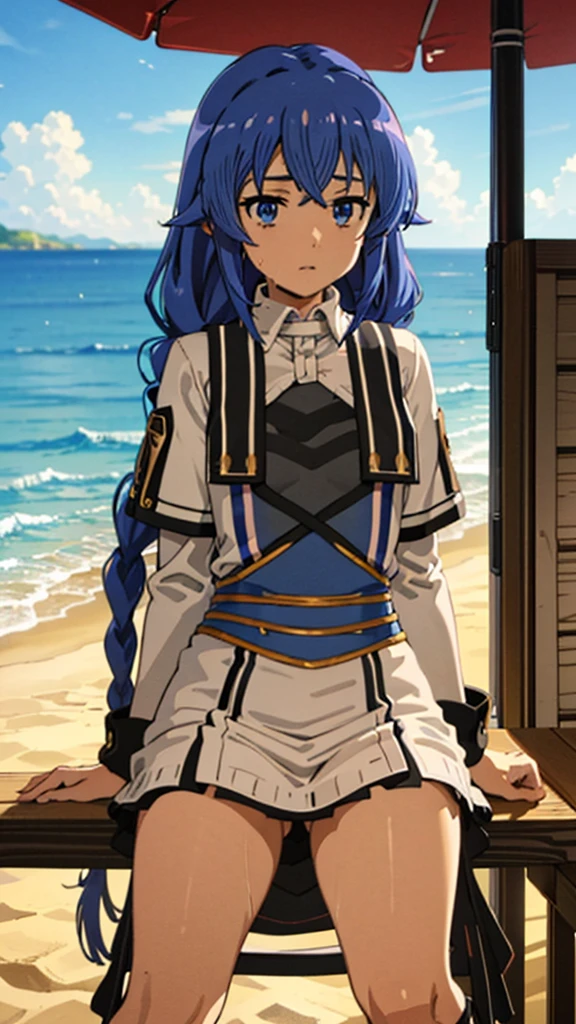 Masterpiece, top quality, best quality, official art, beautiful and aesthetic, anime, 1girl,extremely detailed, colorful, more detailed ((ultra-detailed)), (highly detailed CG illustration),(small ??????:1.2),twin braids, long hair, blue hair, blue eyes,??????,wet ??????, small ???????, in beach, sand, sea, clear blue sky, in middle,sitting on sand.
