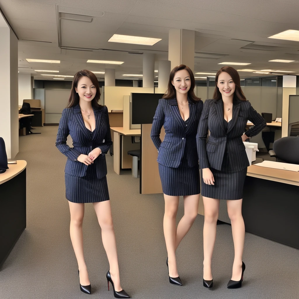 (girl, cute Japanese girl with perfect body,, looking_at_viewer, (office lady, (masterpiece, high quality:1.2), big breasts, business suit,black vertical striped pencil skirt (smile), (office), highly detailed face, (high heels, full body, beautiful legs:1.3)