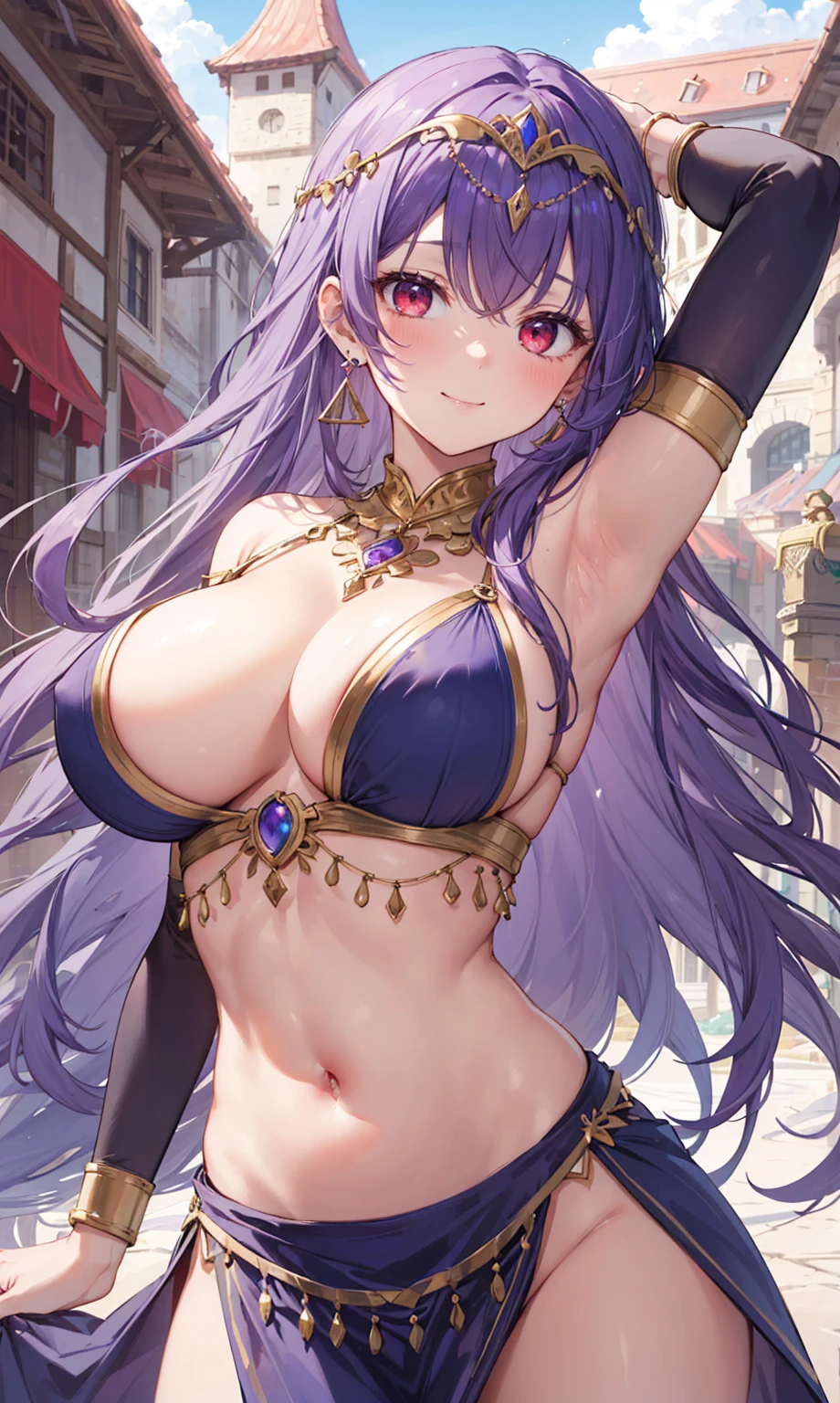 high quality, ultra detailed, best quality, insanely detailed, beautiful, masterpiece, 1girl, medieval plaza, cowboy shot, red eyes, long hair, purple hair, belly dancer, circlet, earrings, armlets, bracelets, bashful smile, large breasts, cleavage, soft stomach