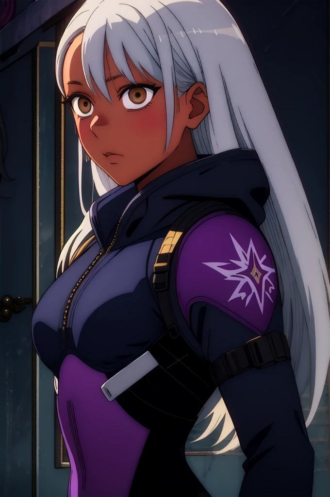 A with a strap of straight white hair., Dark skin, latin descent, purple irises, wearing a black tactical suit with gold threads and wearing gold snake-shaped earrings.. detailed eyes, detailed face, intricate grunge outfits, cinematic lighting, realistic strong backlit concept art.