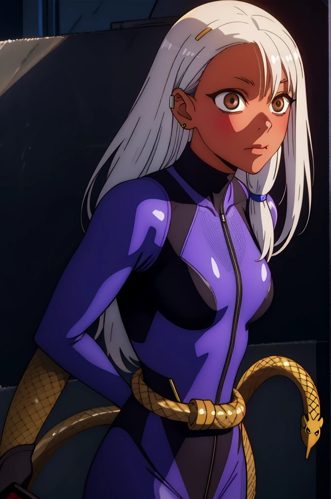 A with a strap of straight white hair., Dark skin, latin descent, purple irises, wearing a black tactical suit with gold threads and wearing gold snake-shaped earrings.. detailed eyes, detailed face, intricate grunge outfits, cinematic lighting, realistic strong backlit concept art.