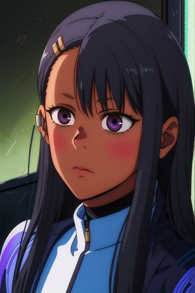 A  with a strap of straight white hair., Dark skin, latin descent, purple irises, wearing a black tactical suit with gold threads and wearing gold snake-shaped earrings.. detailed eyes, detailed face, intricate grunge outfits, cinematic lighting, realistic strong backlit concept art.