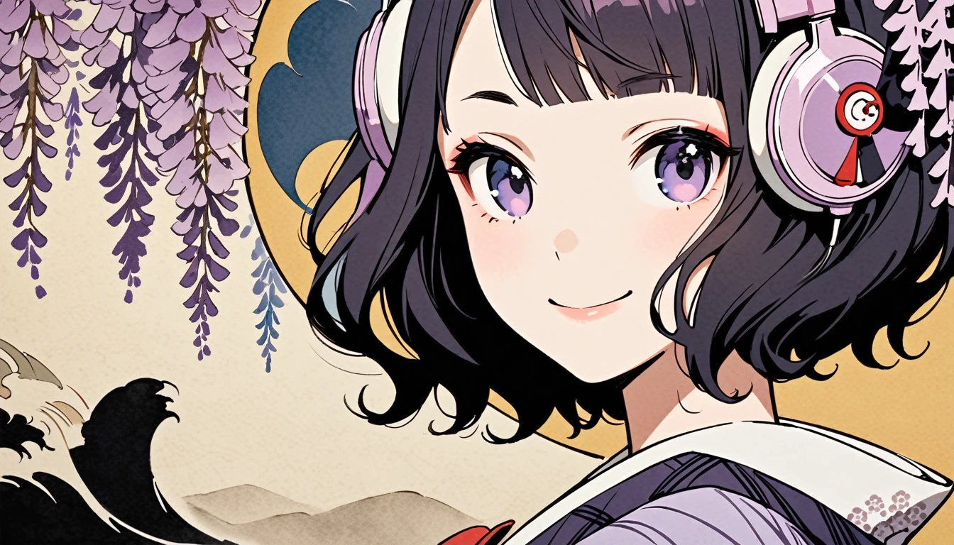 Highest quality, Katsushika Hokusai, Ink Painting, (((shorthair))), (((Pale purple kimono))), (((smile))), Japanese style headphones, Wisteria flower, beautiful girl, Black Hair, Delicate and precise, Modern ukiyo-e style