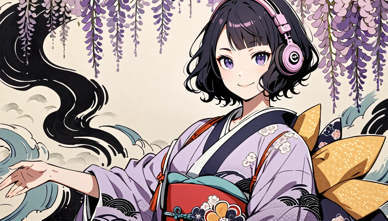 Highest quality, Katsushika Hokusai, Ink Painting, (((shorthair))), (((Pale purple kimono))), (((smile))), Japanese style headphones, Wisteria flower, beautiful girl, Black Hair, Delicate and precise, Modern ukiyo-e style