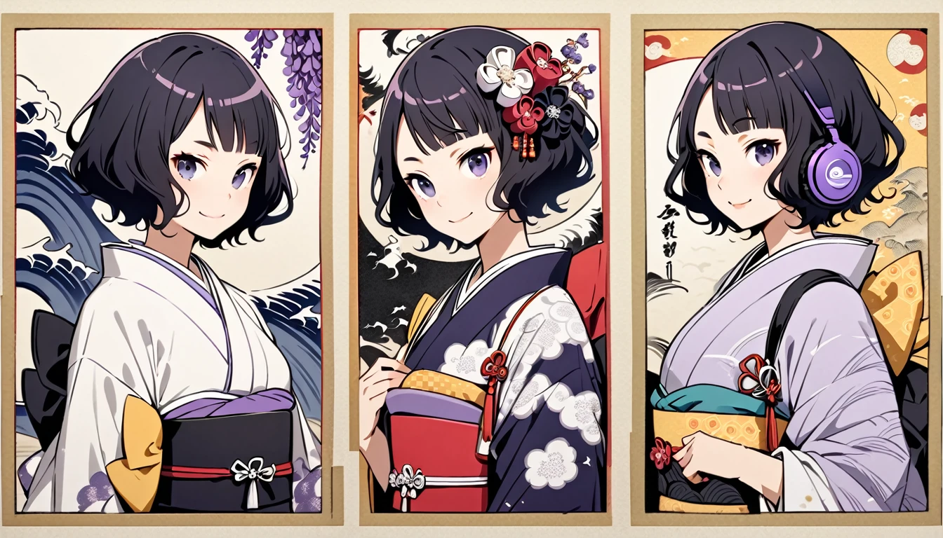 Highest quality, Katsushika Hokusai, Ink Painting, (((shorthair))), (((Pale purple kimono))), (((smile))), Japanese style headphones, Wisteria flower, beautiful girl, Black Hair, Delicate and precise, Modern ukiyo-e style