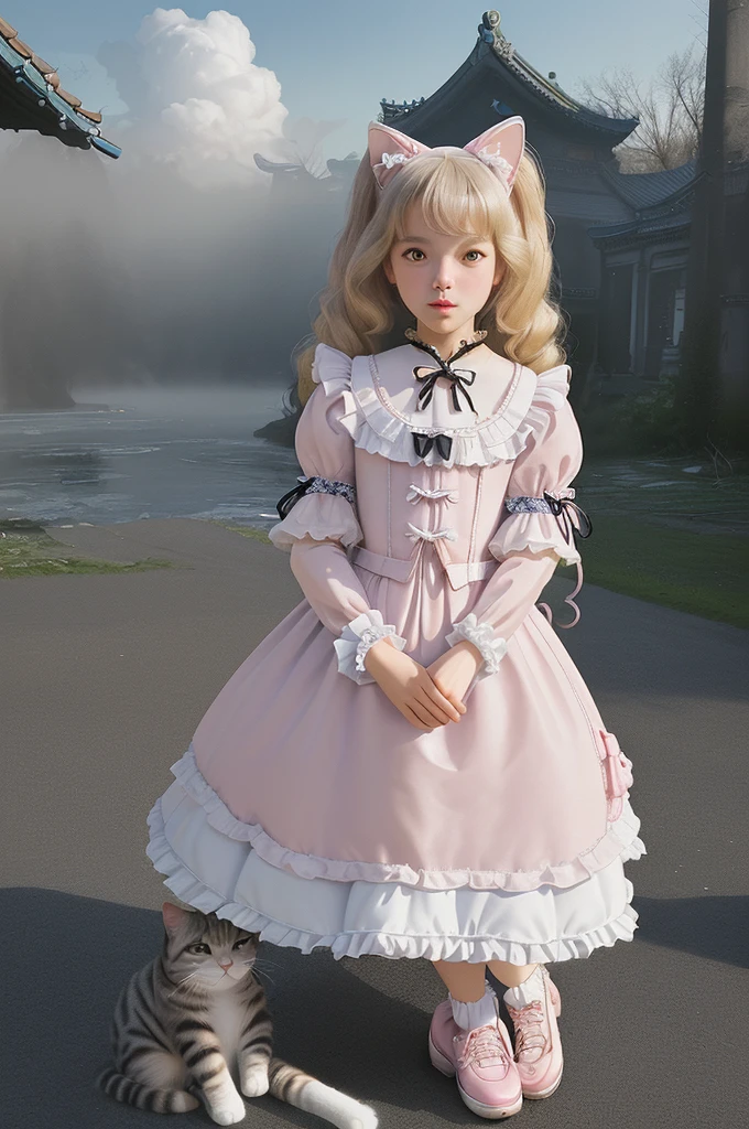 exquisite details, 8k Photo, Surrealism, Professional lighting, Realistic background, visual depth, Background Scenery, Wide-angle lens, whole body, (13 years old, Lovely, change, flat chest, Cat ears), 1 girl, Colored Eyes, blond, (Lolita Fashion: 1.5), (lace, Ruffled shirt, White petticoat, sports shoes), (plush toys), pink Lovely backpack, street, Fashion,Chinese style, masterpiece, best quality, super detailed, , high contrast, a blue Chinese dragon looks down on the girl, the girl looks at the dragon, fairy mountains, clouds and mist, Chinese style
