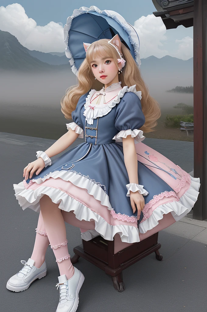 exquisite details, 8k Photo, Surrealism, Professional lighting, Realistic background, visual depth, Background Scenery, Wide-angle lens, whole body, (, Lovely, change, flat chest, Cat ears), 1 girl, Colored Eyes, blond, (Lolita Fashion: 1.5), (lace, Ruffled shirt, White petticoat, sports shoes), (plush toys), pink Lovely backpack, street, Fashion,Chinese style, masterpiece, best quality, super detailed, , high contrast, a blue Chinese dragon looks down on the girl, the girl looks at the dragon, fairy mountains, clouds and mist, Chinese style