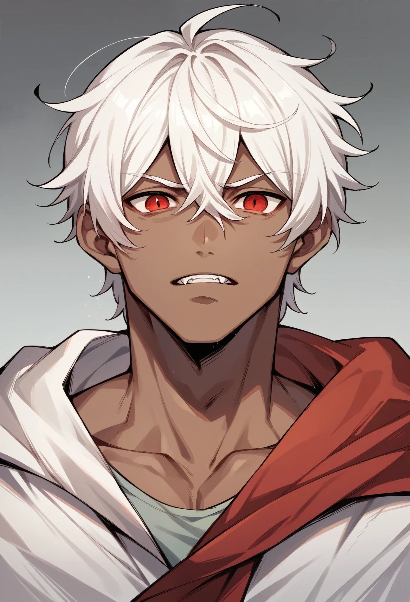 make me an Anime art of a Vampire Man with Brown Skin, White hair and deep red eyes, he is tall and extremely handsome.. make him look more youthful and have a thinner face but a strong body, He&#39;s Totally Naked and Horny