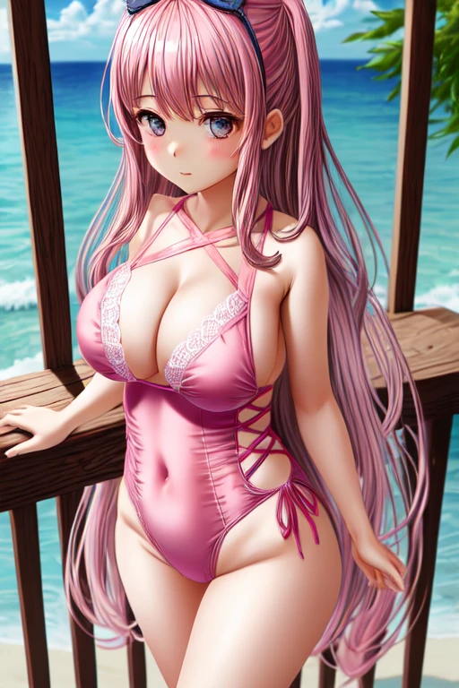 One girl, alone, masterpiece, Highest quality, Pink Cross Lace One Piece Swimsuit, Large Breasts,