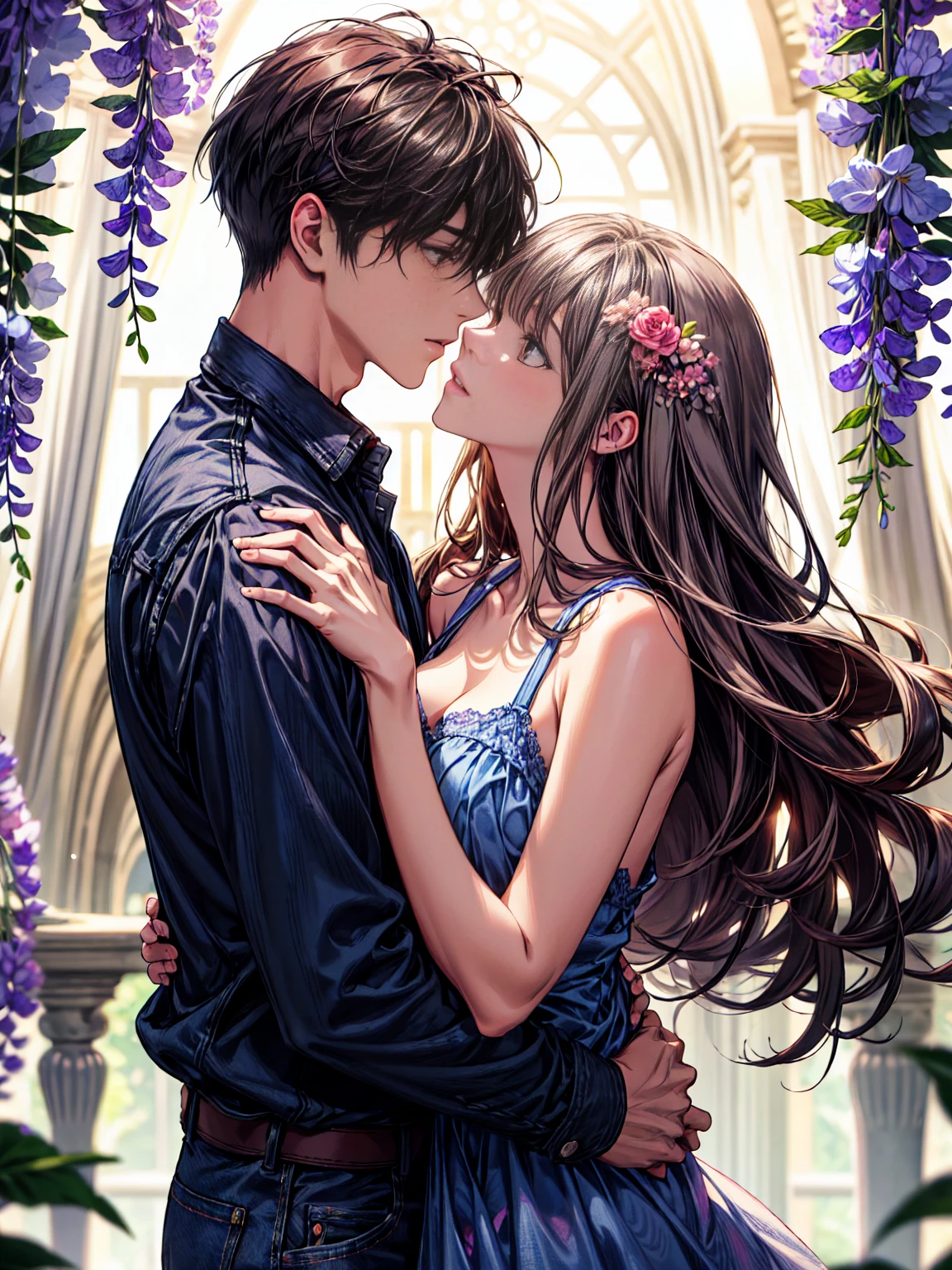 ((absurdres, higher, ultra HD)) 1 male, 1 female,mature, kissing each other, guy is front of her slightly bend towards her, man is shirtless, wearing blue jeans ,woman wearing beautiful pink dress, wisteria flower around them, beautiful, scenary, romantic,((calm and romantic expression:1.2)) ,pixiv, digital painting, mascular man, beautiful elegant woman, (gray stylish hair for man), (brown long hair for woman)