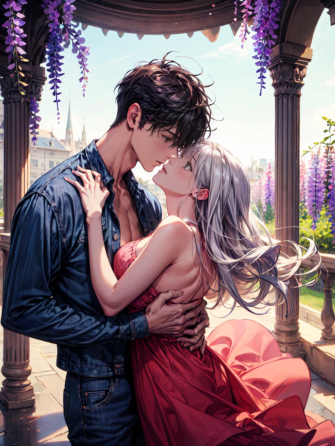 ((absurdres, higher, ultra HD)) 1 male, 1 female,mature, kissing each other, guy is front of her slightly bend towards her, man is shirtless, wearing blue jeans ,woman wearing beautiful pink dress, wisteria flower around them, beautiful, scenary, romantic,((calm and romantic expression:1.2)) ,pixiv, digital painting, mascular man, beautiful elegant woman, (gray stylish hair for man), (brown long hair for woman)