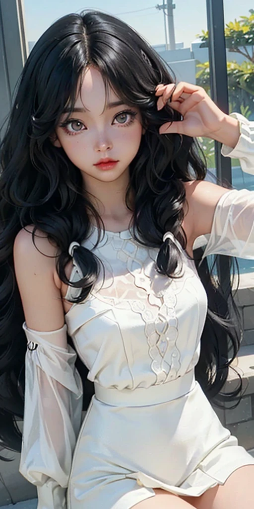create an image like a drawing from a somewhat realistic anime manga the following is a girl with completely black hair, curly medium wavy, with white half yellow skin, completely white eyes, without irises or pupils and with lenses