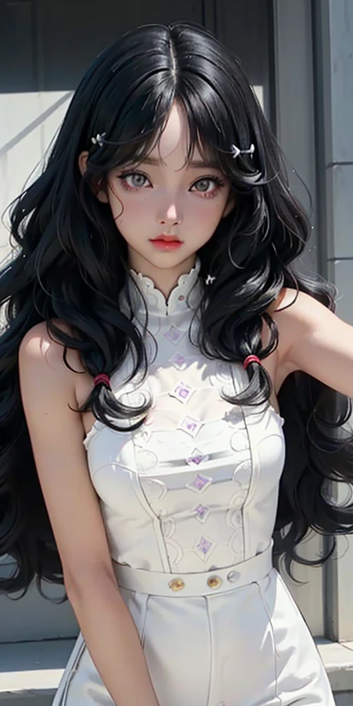 create an image like a drawing from a somewhat realistic anime manga the following is a girl with completely black hair, curly medium wavy, with white half yellow skin, completely white eyes, without irises or pupils and with lenses