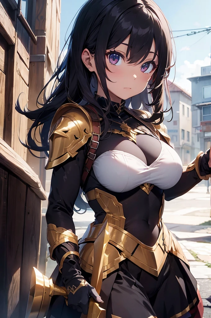 Dark Paladin,beautiful breasts,holding shield,spear,Hair Color is gold,hair style is sideponytali, high Quality,best quality