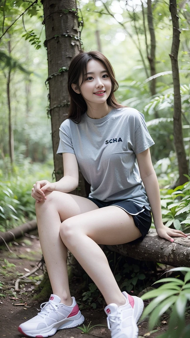 masterpiece, best quality, Surreal, Ultra Detailed, 8k resolution, RAW photos, Clear focus, (A girl in the forest), ((light gray shirt:1.1)), Short sleeve, sports Shorts,Full body posture, Solitary, Perfect body, Become a, 32 inches in the chest,(a charming smile:1), (sexy pose),26 years old, light,White shoes